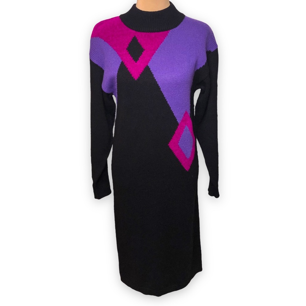 Vintage Christina Grant Sweater Dress Purple Pink Black 80s Size Small